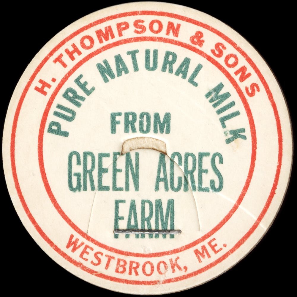 H. J. Thompson and Sons Green Acres Farm pure natural milk cap from Westbrook, Maine.