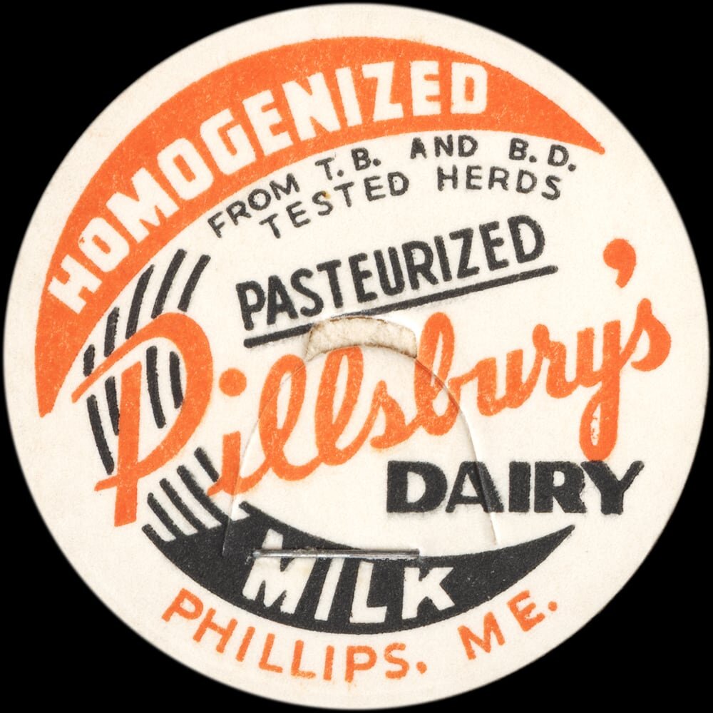 Vintage circular dairy cap with printed typographic milk advertising and a metal pull tab.