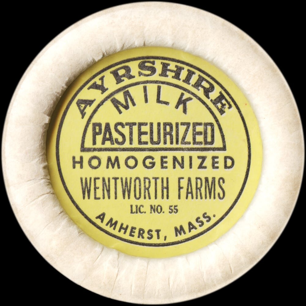 Wentworth Farms pasteurized homogenized milk cap from Amherst, Massachusetts.