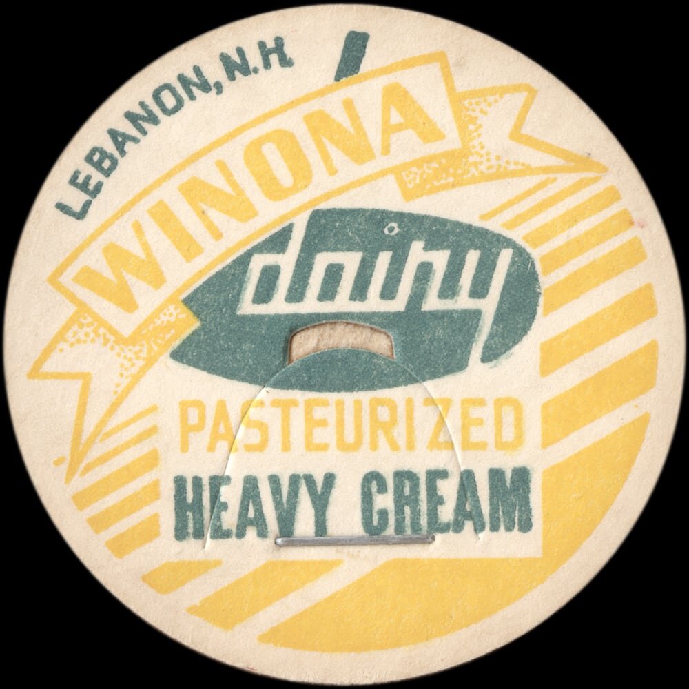 Winona Dairy pasteurized heavy cream cap from Lebanon, New Hampshire.