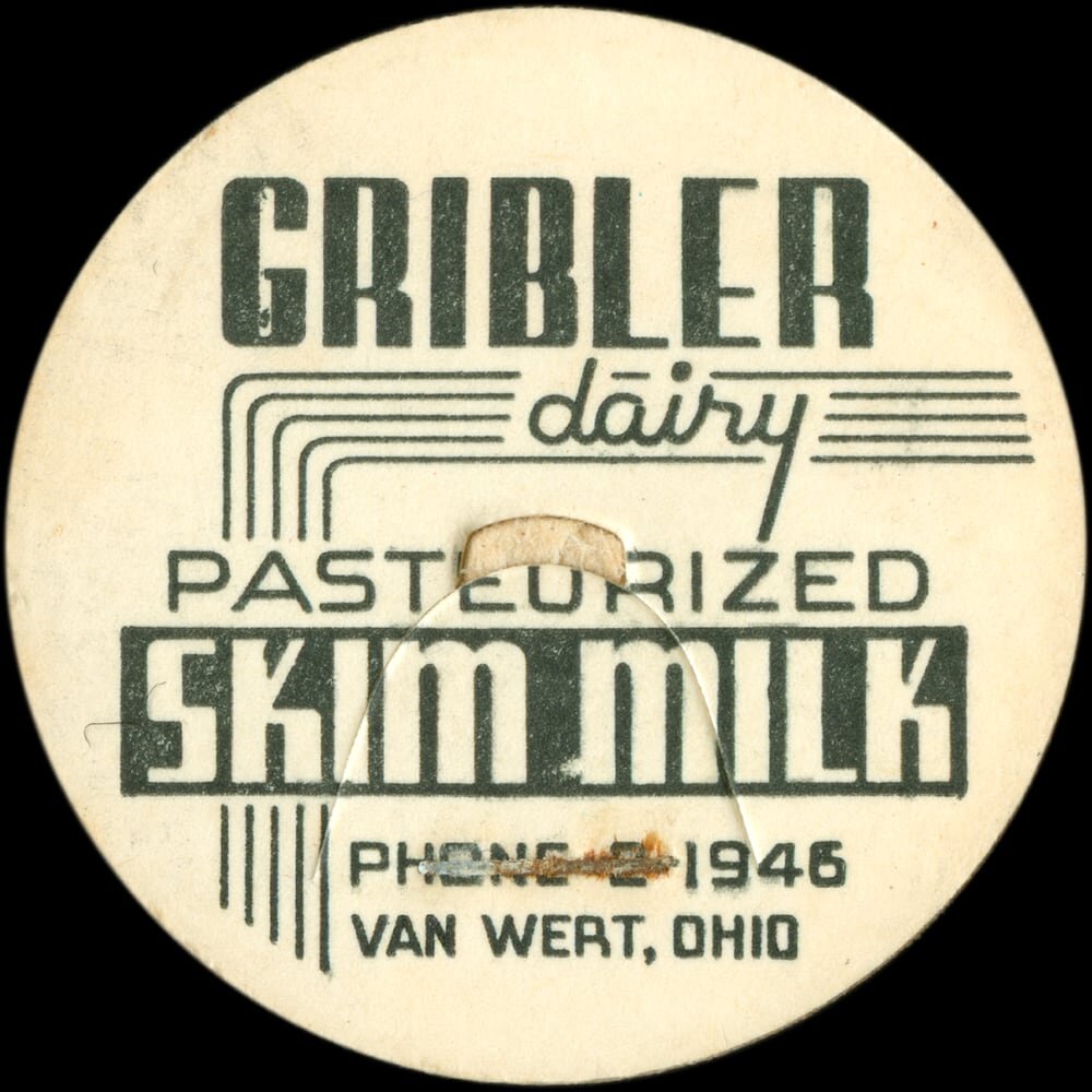 Gribbler Dairy pasteurized skim milk cap from Van Wert, Ohio.