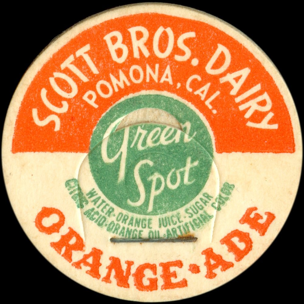 Scott Brothers Dairy Green Spot orangeade cap from Pomona, California.
