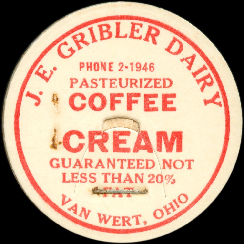 J. F. Gribbler Dairy coffee cream cap from Van Wert, Ohio.