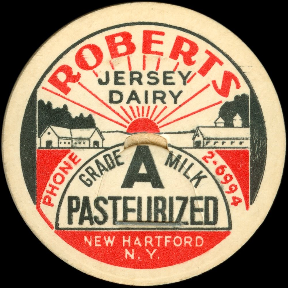 Roberts Jersey Dairy Grade A pasteurized milk cap from New Hartford, New York.